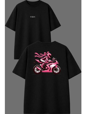 Vsrn Pembe Motorcu Tasarım Ön Arka Baskılı Siyah Oversize T Shirt