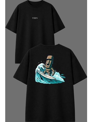 Vsrn Surfçü Heykel Tasarım Ön Arka Baskılı Siyah Oversize T Shirt