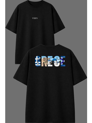 Vsrn Nice Grece Tasarım Ön Arka Baskılı Siyah Oversize T Shirt