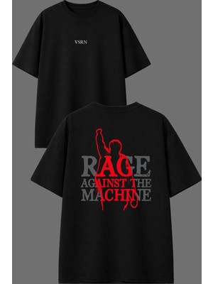 Vsrn Rge Mach Tasarım Ön Arka Baskılı Siyah Oversize T Shirt