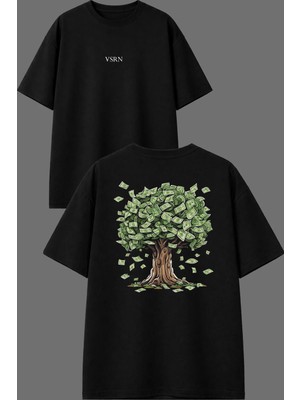 Vsrn Saçan Ağaç Tasarım Ön Arka Baskılı Siyah Oversize T Shirt