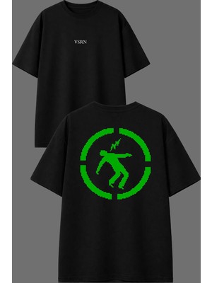 Vsrn Yeşil Piksel Çizim Tasarım Ön Arka Baskılı Siyah Oversize T Shirt