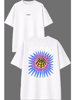 Vsrn Mavi Şimşekler Tasarım Ön Arka Baskılı Beyaz Oversize T Shirt