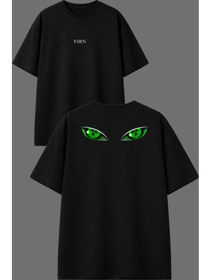 Vsrn Yeşil Gözler Tasarım Ön Arka Baskılı Siyah Oversize T Shirt