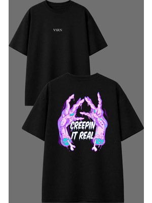 Vsrn Zombi El Tasarım Ön Arka Baskılı Siyah Oversize T Shirt