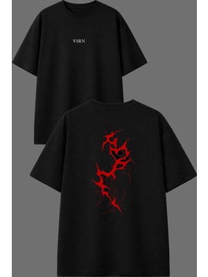 Vsrn Kırmızı Garip Çizimler Tasarım Ön Arka Baskılı Siyah Oversize T Shirt