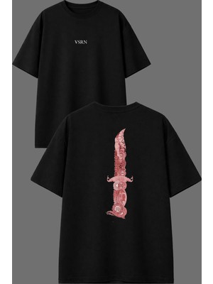 Vsrn Kırmzı Desenli Bıçak Tasarım Ön Arka Baskılı Siyah Oversize T Shirt