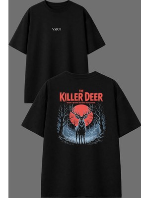 Vsrn Korkunç Geyik Tasarım Ön Arka Baskılı Siyah Oversize T Shirt