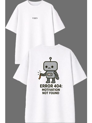 Vsrn Motıvatıon Not Found Tasarım Ön Arka Baskılı Beyaz Oversize T Shirt