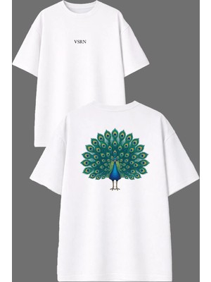 Vsrn Tavus Kuşu Tasarım Ön Arka Baskılı Beyaz Oversize T Shirt