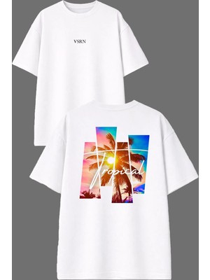 Vsrn Tropical Tasarım Ön Arka Baskılı Beyaz Oversize T Shirt
