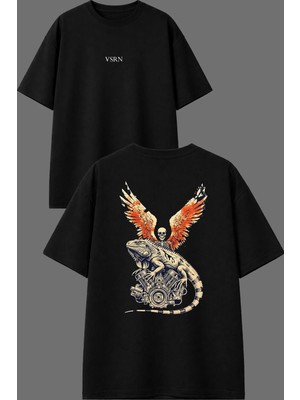 Vsrn Bukalemun Iskelet Tasarım Ön Arka Baskılı Siyah Oversize T Shirt