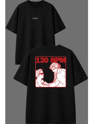 Vsrn 130 Bpm Musıc Tasarım Ön Arka Baskılı Siyah Oversize T Shirt