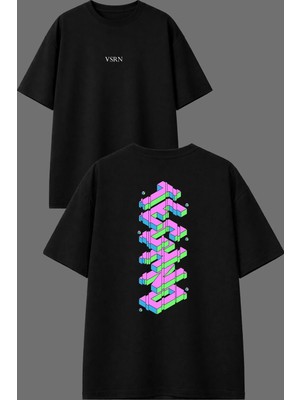Vsrn Techno Hayatı Tasarım Ön Arka Baskılı Siyah Oversize T Shirt