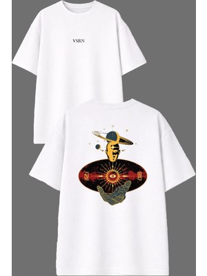 Vsrn Uzay Adam Tasarım Ön Arka Baskılı Beyaz Oversize T Shirt
