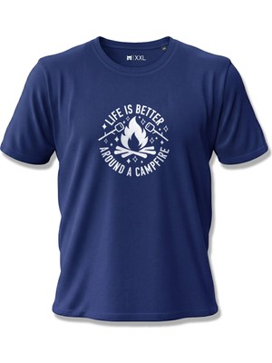 North Whiskers Life Is Better Around A Campfire Baskılı %100 Pamuklu Unisex Lacivert Kamp Tişörtü