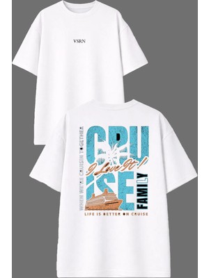 Vsrn Cruse Gemi Tasarım Ön Arka Baskılı Beyaz Oversize T Shirt