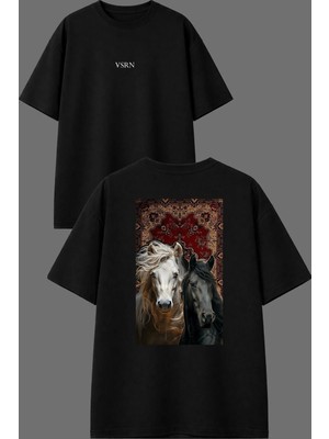 Vsrn Iki Güzel At Etnik Tasarım Ön Arka Baskılı Siyah Oversize T Shirt