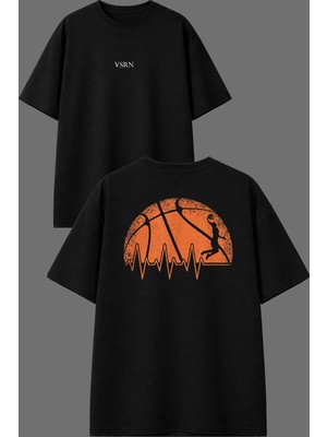 Vsrn Basketbal Nabız Tasarım Ön Arka Baskılı Siyah Oversize T Shirt