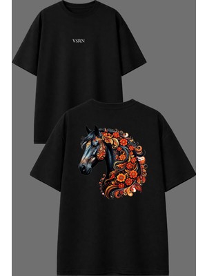 Vsrn Çiçekli At Tasarım Ön Arka Baskılı Siyah Oversize T Shirt