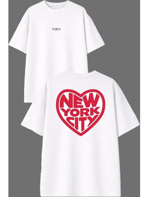 Vsrn Kırmızı Kalp New Tasarım Ön Arka Baskılı Beyaz Oversize T Shirt