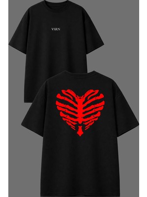 Vsrn Kalp Kafes Tasarım Ön Arka Baskılı Siyah Oversize T Shirt
