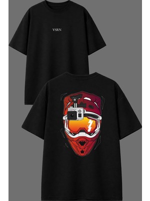 Vsrn Vlog Motorcu Tasarım Ön Arka Baskılı Siyah Oversize T Shirt
