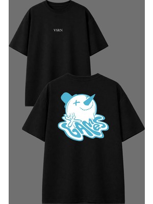 Vsrn Eriyen Kar Tasarım Ön Arka Baskılı Siyah Oversize T Shirt