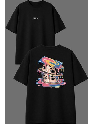 Vsrn Eriyen Yüz Tasarım Ön Arka Baskılı Siyah Oversize T Shirt