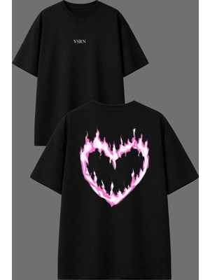 Vsrn Pembe Kalp Alev Tasarım Ön Arka Baskılı Siyah Oversize T Shirt