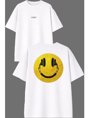 Vsrn Smile Kulaklık Tasarım Ön Arka Baskılı Beyaz Oversize T Shirt