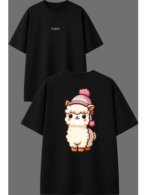 Vsrn Tatlı Lama Tasarım Ön Arka Baskılı Siyah Oversize T Shirt