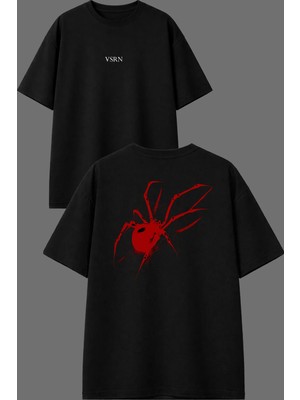 Vsrn Kırmızı Örümcek Tasarım Ön Arka Baskılı Siyah Oversize T Shirt