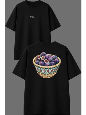 Vsrn Bir Sepet Incir Tasarım Ön Arka Baskılı Siyah Oversize T Shirt