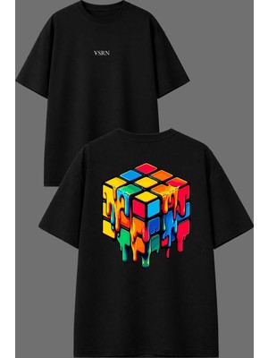 Vsrn Rubik Dehası Tasarım Ön Arka Baskılı Siyah Oversize T Shirt