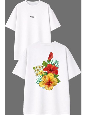 Vsrn Çiçek Balyası Tasarım Ön Arka Baskılı Beyaz Oversize T Shirt
