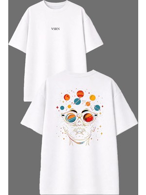 Vsrn Galaksiler Arası Gözlük Tasarım Ön Arka Baskılı Beyaz Oversize T Shirt