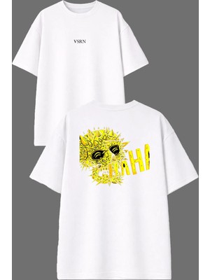 Vsrn Iskelet Haha Tasarım Ön Arka Baskılı Beyaz Oversize T Shirt