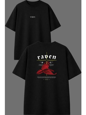 Vsrn Kırmzı Karga Tasarım Ön Arka Baskılı Siyah Oversize T Shirt