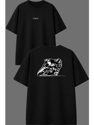 Vsrn Yarış Motoru Tasarım Ön Arka Baskılı Siyah Oversize T Shirt
