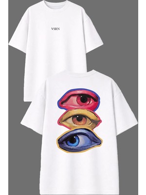 Vsrn 3 Göz Tasarım Ön Arka Baskılı Beyaz Oversize T Shirt