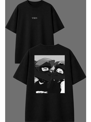 Vsrn Motorcu Aşkları Tasarım Ön Arka Baskılı Siyah Oversize T Shirt