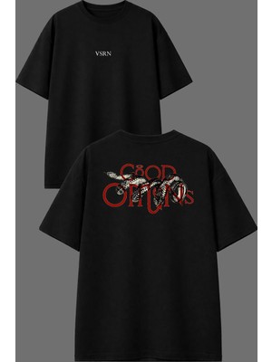 Vsrn Good Yılan Tasarım Ön Arka Baskılı Siyah Oversize T Shirt