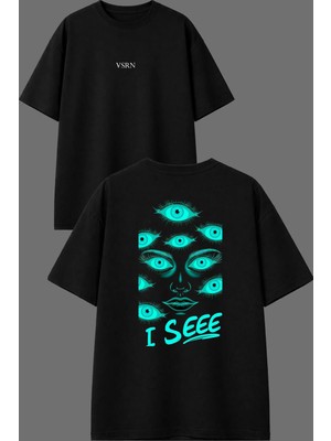 Vsrn I See Mavi Tasarım Ön Arka Baskılı Siyah Oversize T Shirt