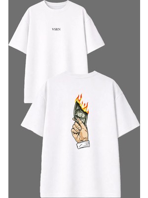 Vsrn Yanan Para Tasarım Ön Arka Baskılı Beyaz Oversize T Shirt