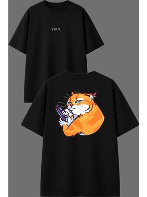 Vsrn Mafya Kedi Tasarım Ön Arka Baskılı Siyah Oversize T Shirt
