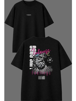 Vsrn Sakallı Adam Tasarım Ön Arka Baskılı Siyah Oversize T Shirt