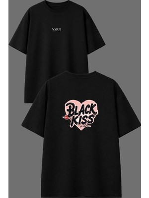 Vsrn Siyah Öpücük Tasarım Ön Arka Baskılı Siyah Oversize T Shirt