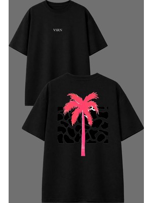 Vsrn Pembe Palmiye Tasarım Ön Arka Baskılı Siyah Oversize T Shirt
