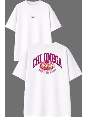 Vsrn Omega Waffles Tasarım Ön Arka Baskılı Beyaz Oversize T Shirt